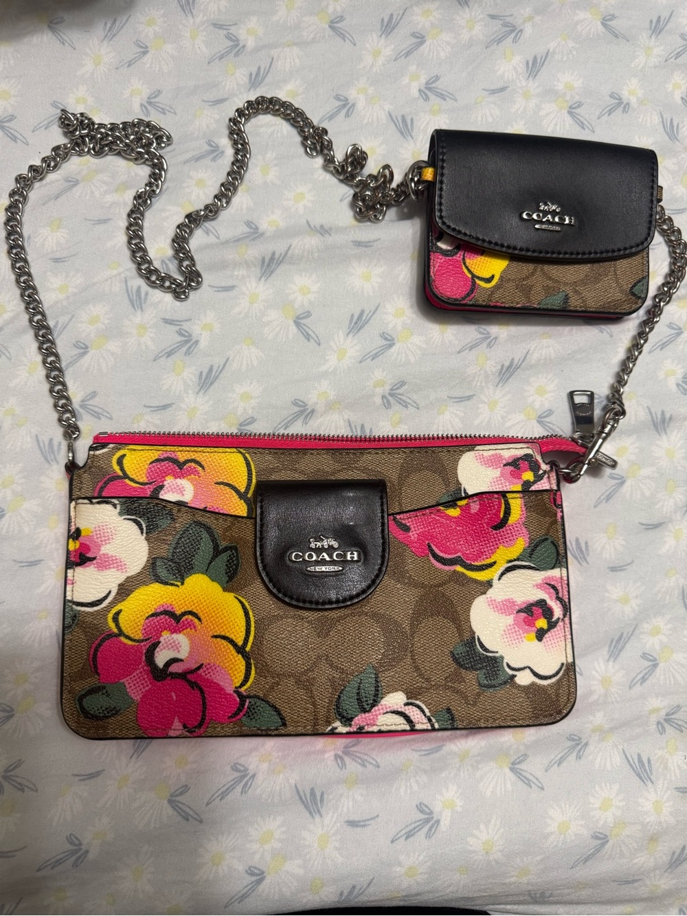 Coach Brown Signature Floral Crossbody with Pink & Yellow Accents
